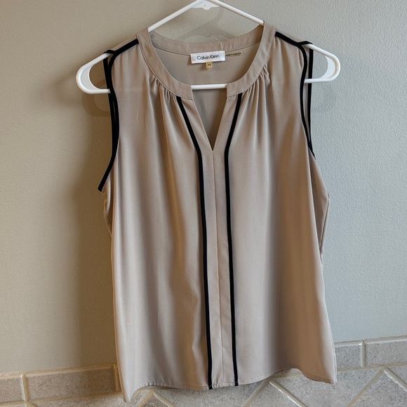 Calvin Klein Beige Sleeveless Blouse with Black Trim - Picture 1 of 3